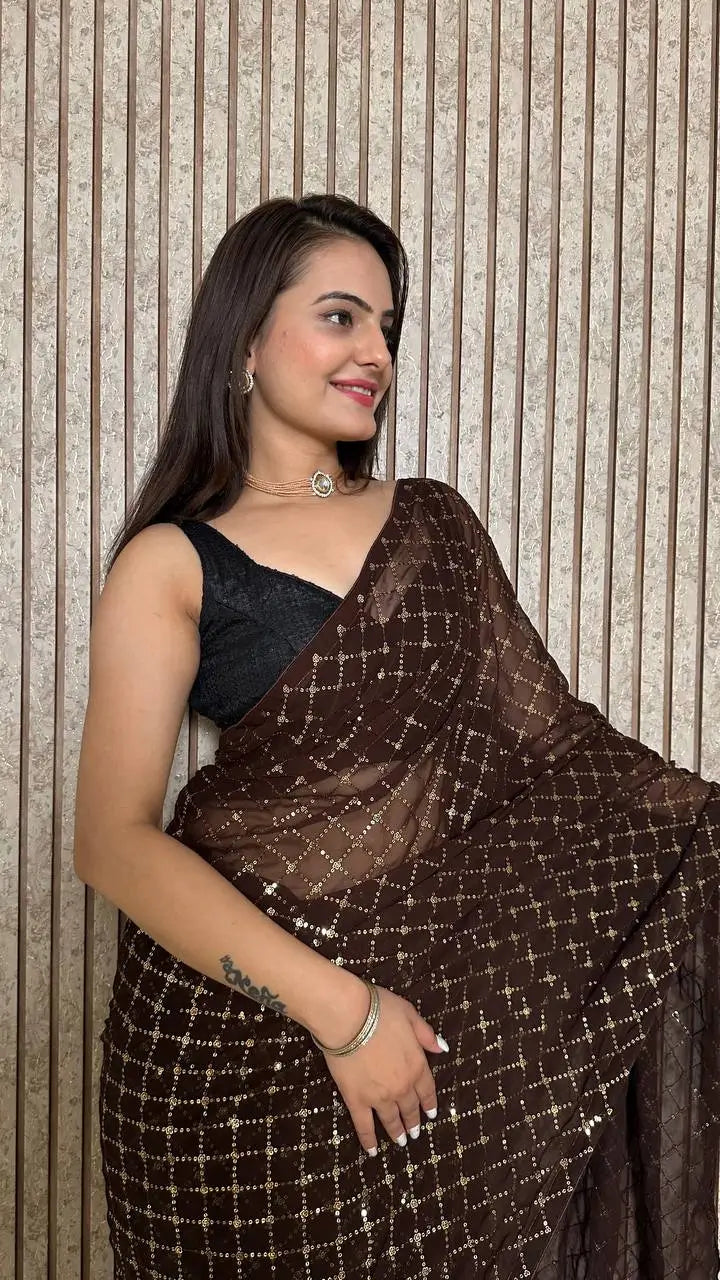 Dark Brown Georgette Saree With Sequins Embroidery Work - qivii