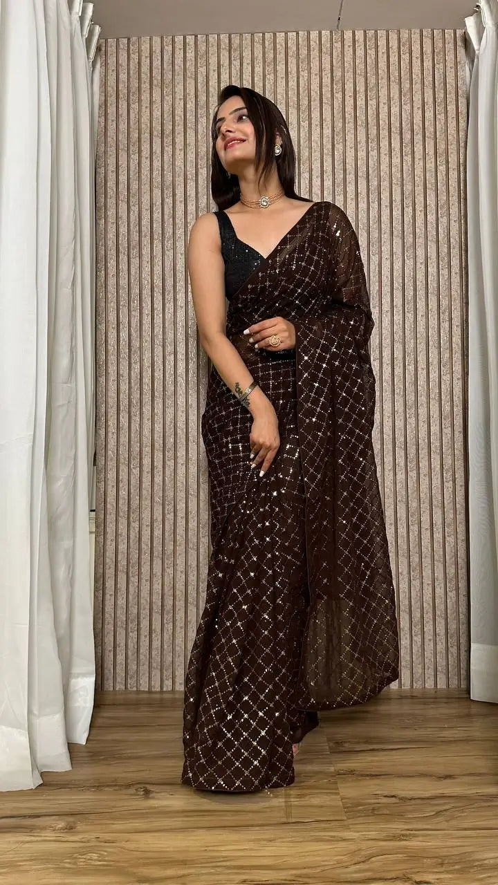 Dark Brown Georgette Saree With Sequins Embroidery Work