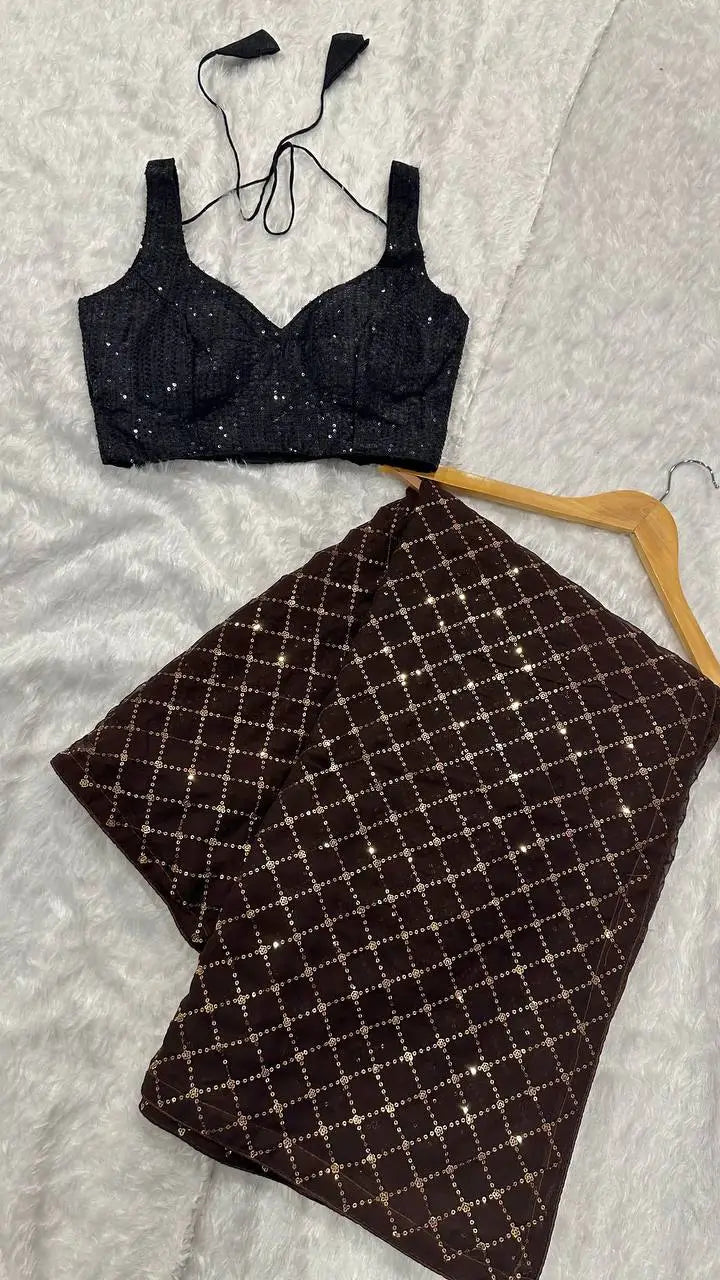 Dark Brown Georgette Saree With Sequins Embroidery Work - qivii