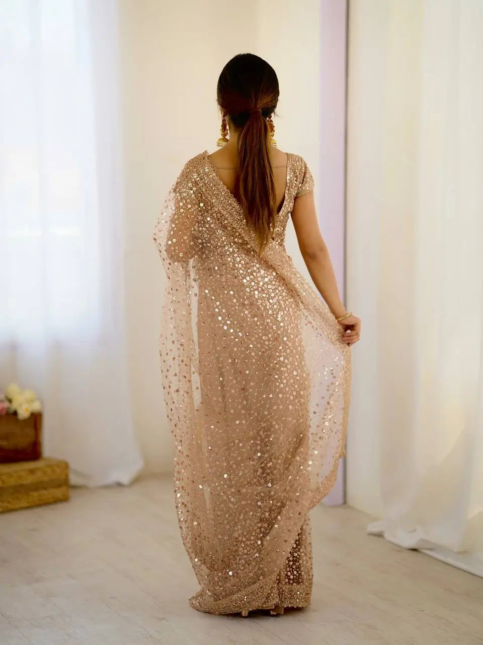 Golden Beige Net Saree With Sequins & Dori Work