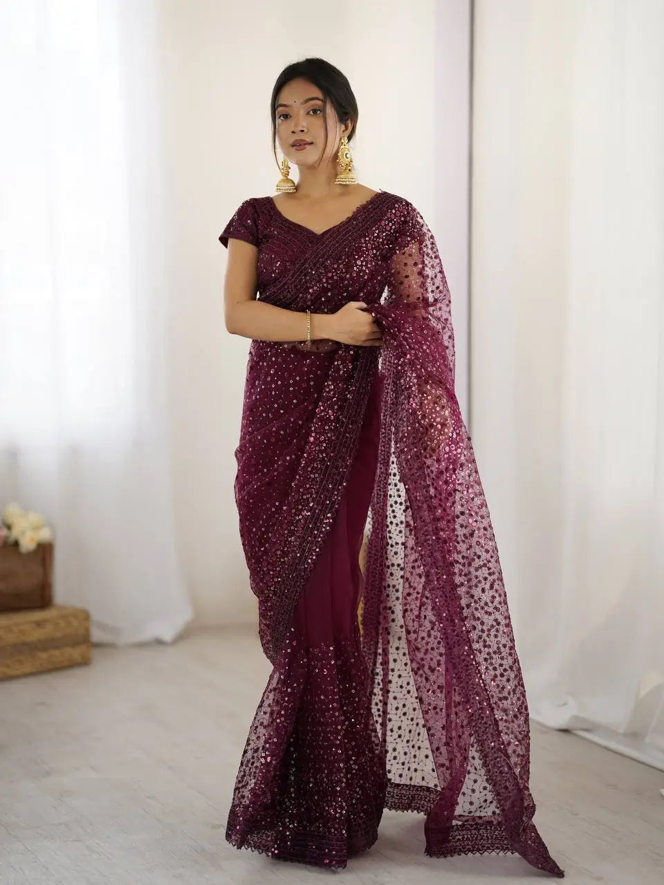 Wine Net Saree With Sequins & Dori Work - qivii