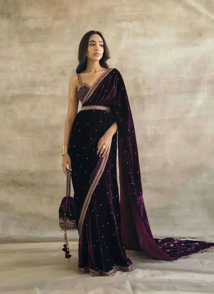 Wine Velvet Saree With Sequins, Zari & Thread Work - qivii