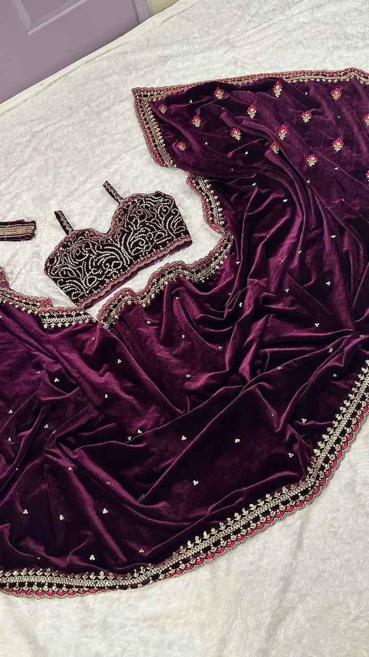 Wine Velvet Saree With Sequins, Zari & Thread Work - qivii