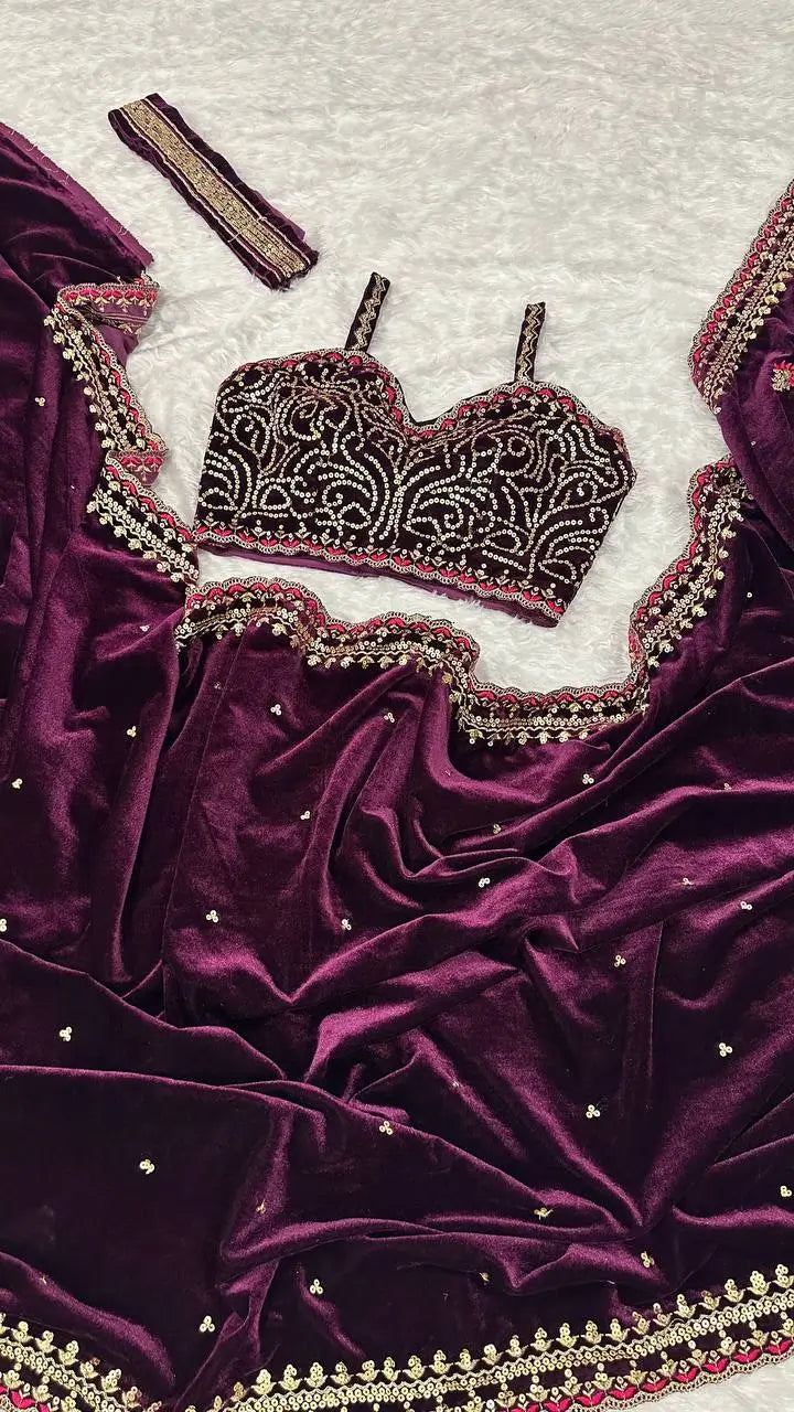 Wine Velvet Saree With Sequins, Zari & Thread Work - qivii