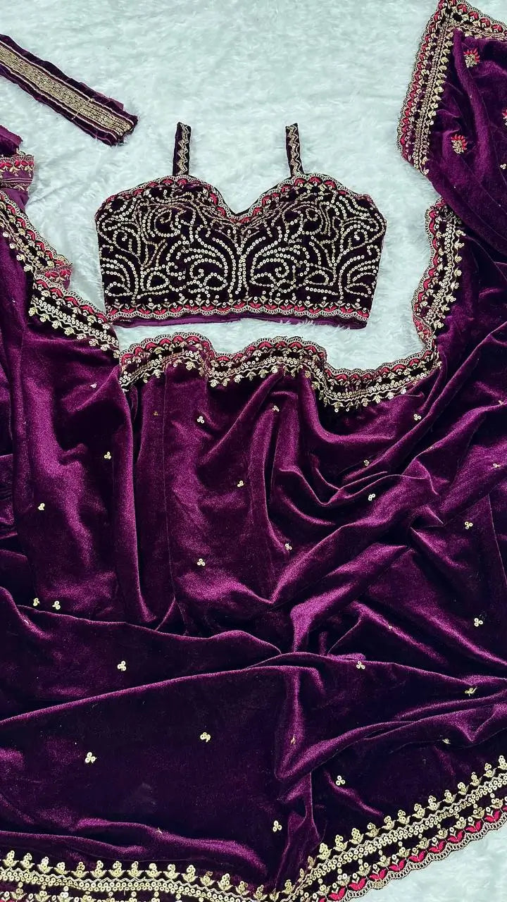 Wine Velvet Saree With Sequins, Zari & Thread Work - qivii