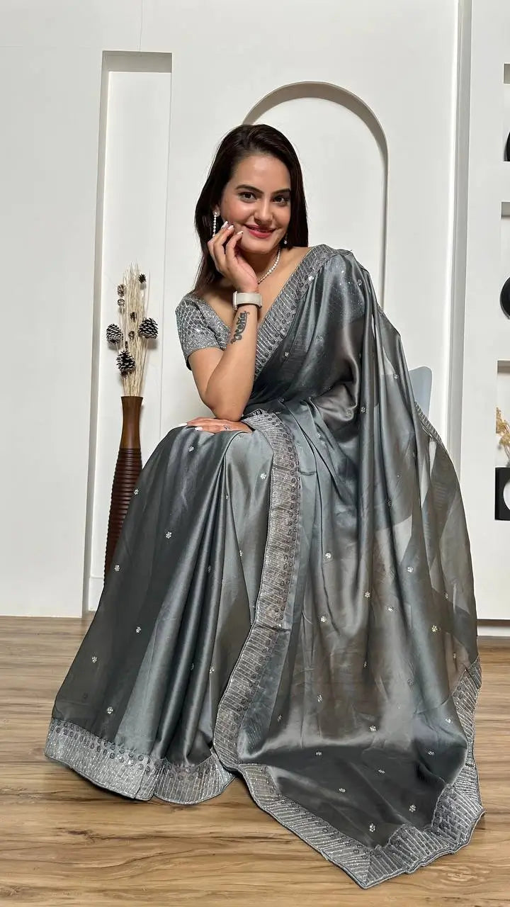 Grey Rangoli Silk Saree With Sequins, Dori & Stone Work - qivii