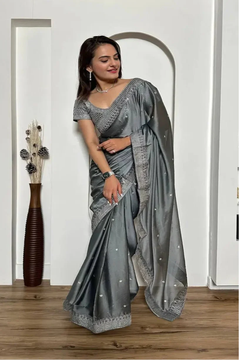 Grey Rangoli Silk Saree With Sequins, Dori & Stone Work - qivii