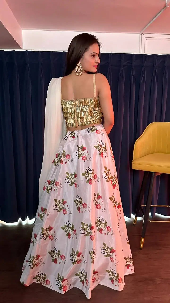 White Tapeta Silk Floral Printed Lehenga Choli | Ready To Wear - qivii