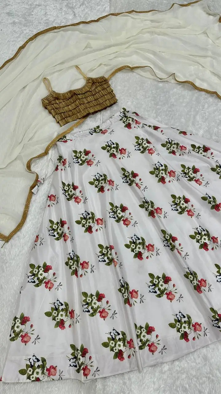White Tapeta Silk Floral Printed Lehenga Choli | Ready To Wear - qivii