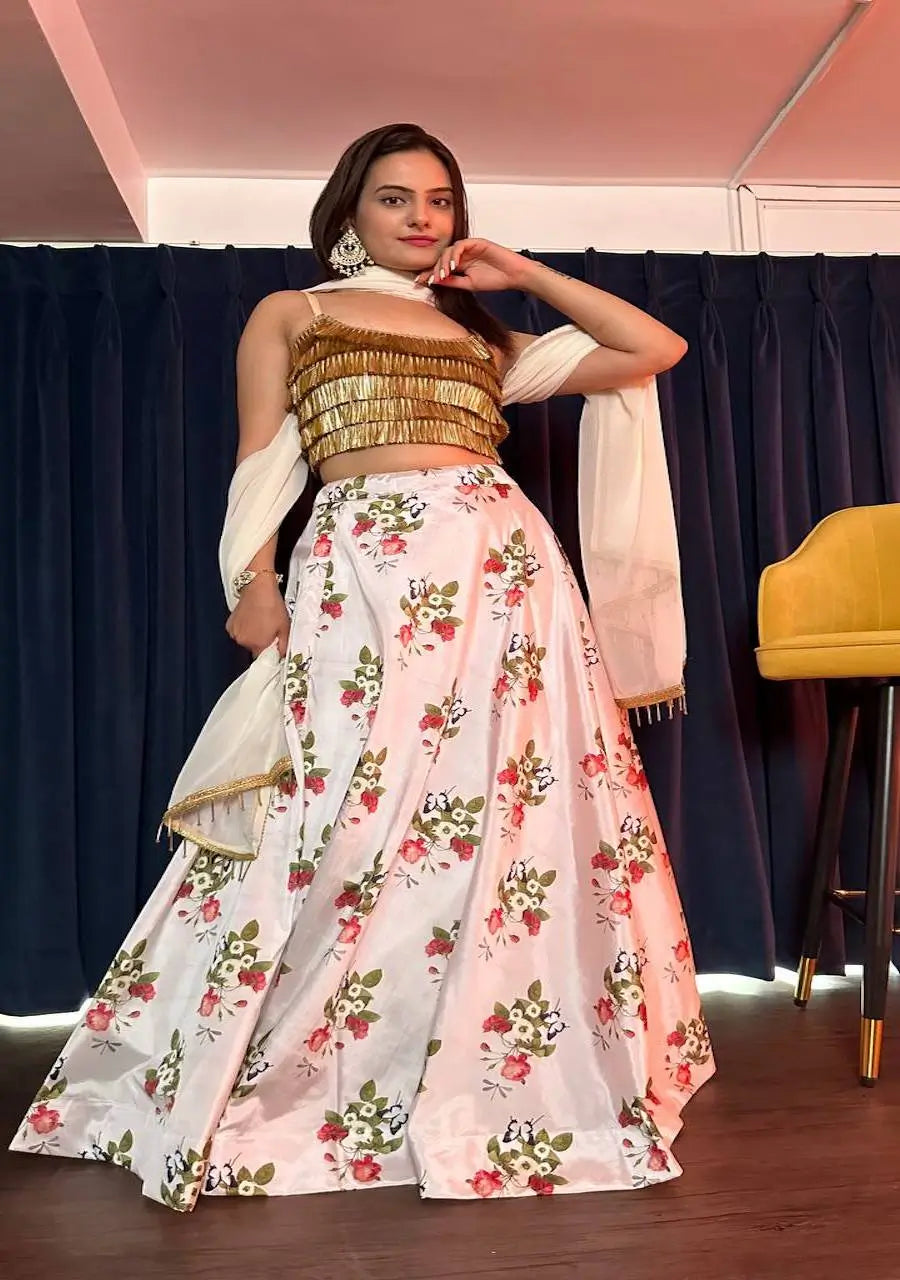 White Tapeta Silk Floral Printed Lehenga Choli | Ready To Wear - qivii