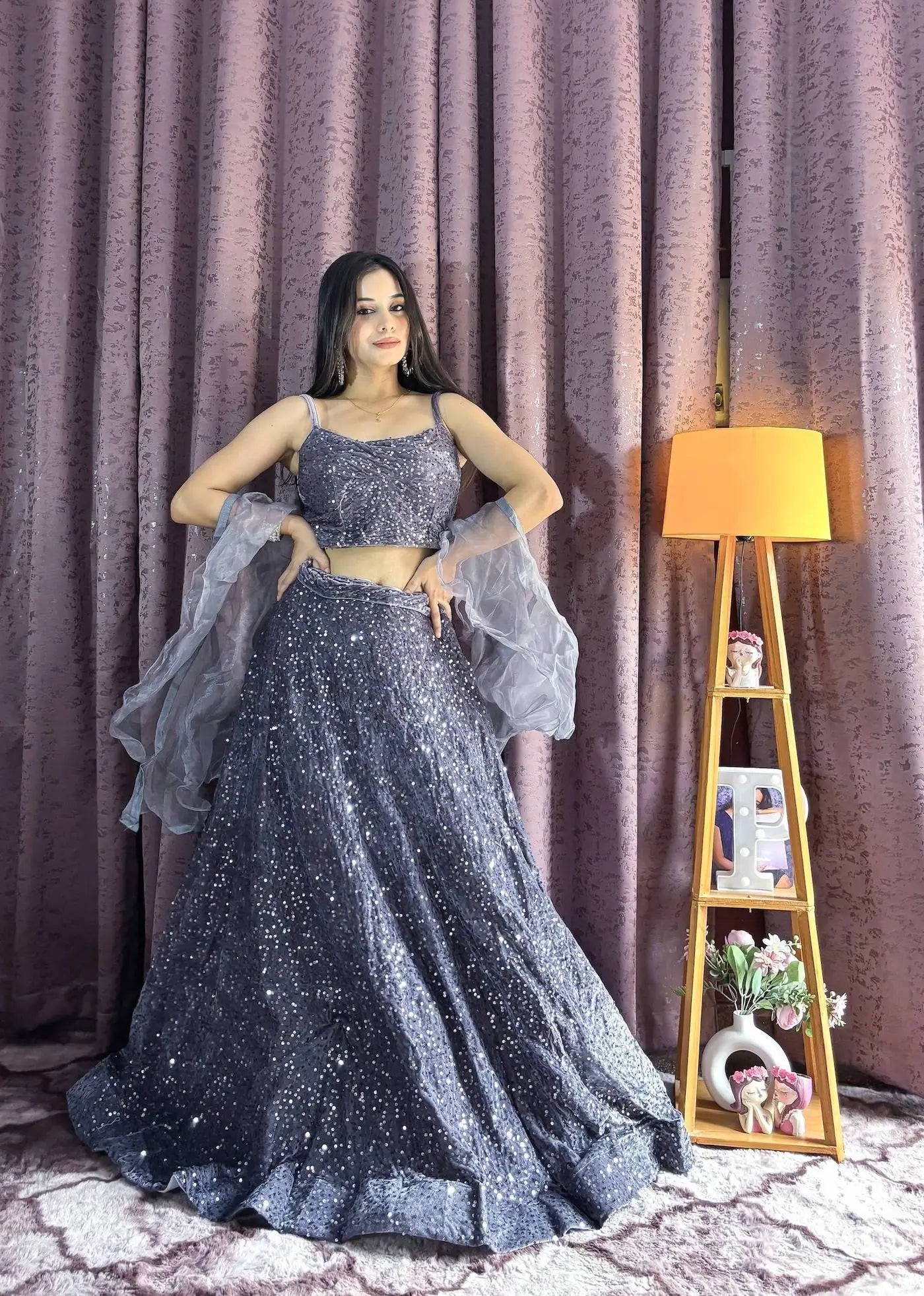 Grey Velvet Sequin Work Lehenga Choli With Ruffle Dupatta - qivii