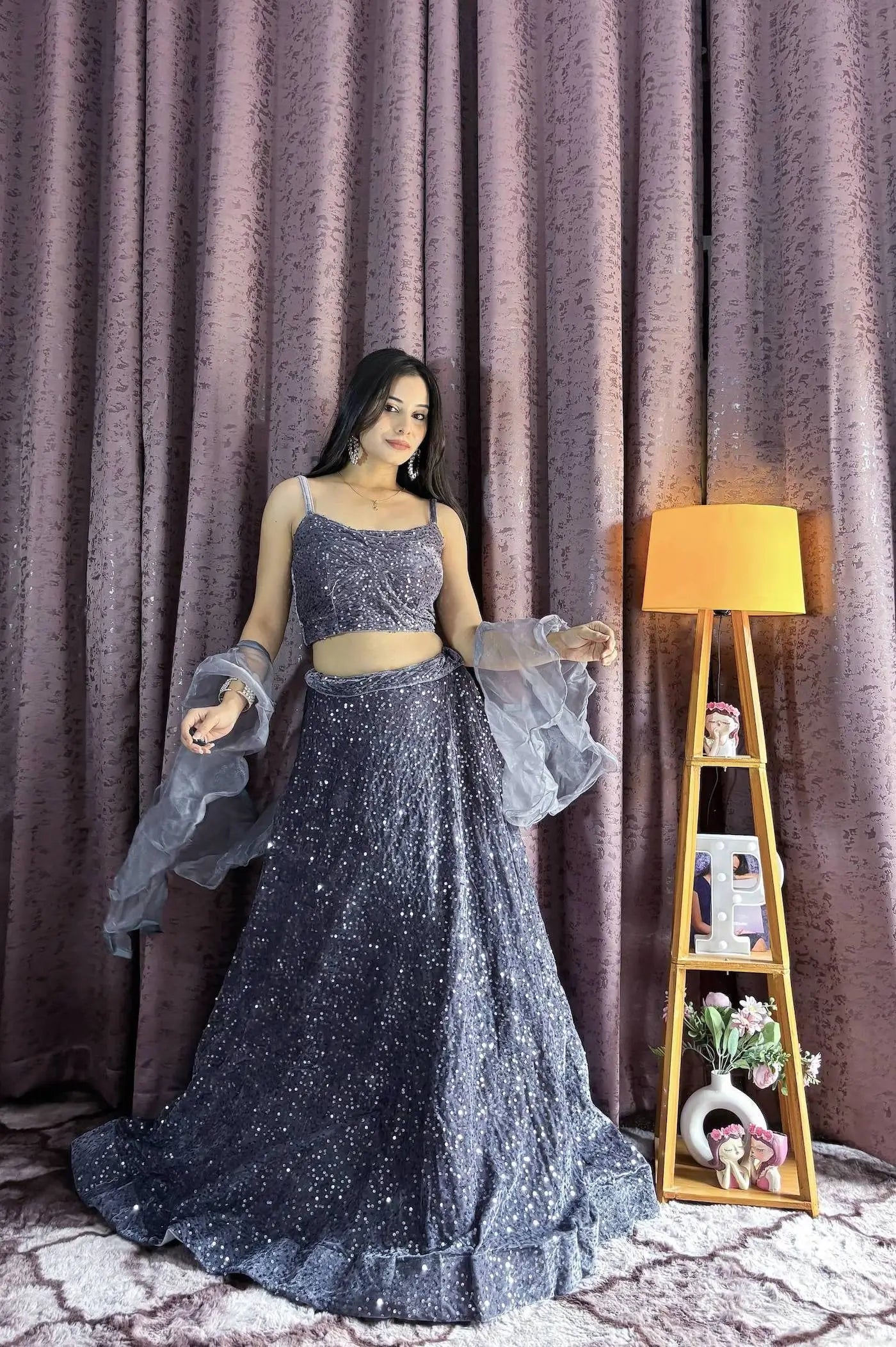 Grey Velvet Sequin Work Lehenga Choli With Ruffle Dupatta - qivii