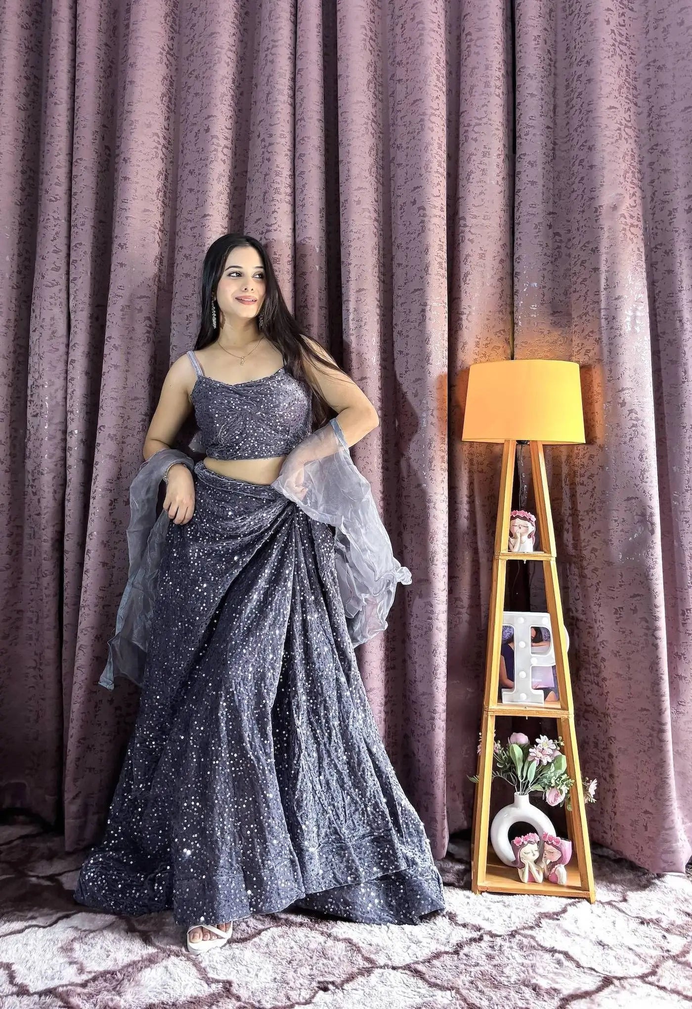 Grey Velvet Sequin Work Lehenga Choli With Ruffle Dupatta - qivii