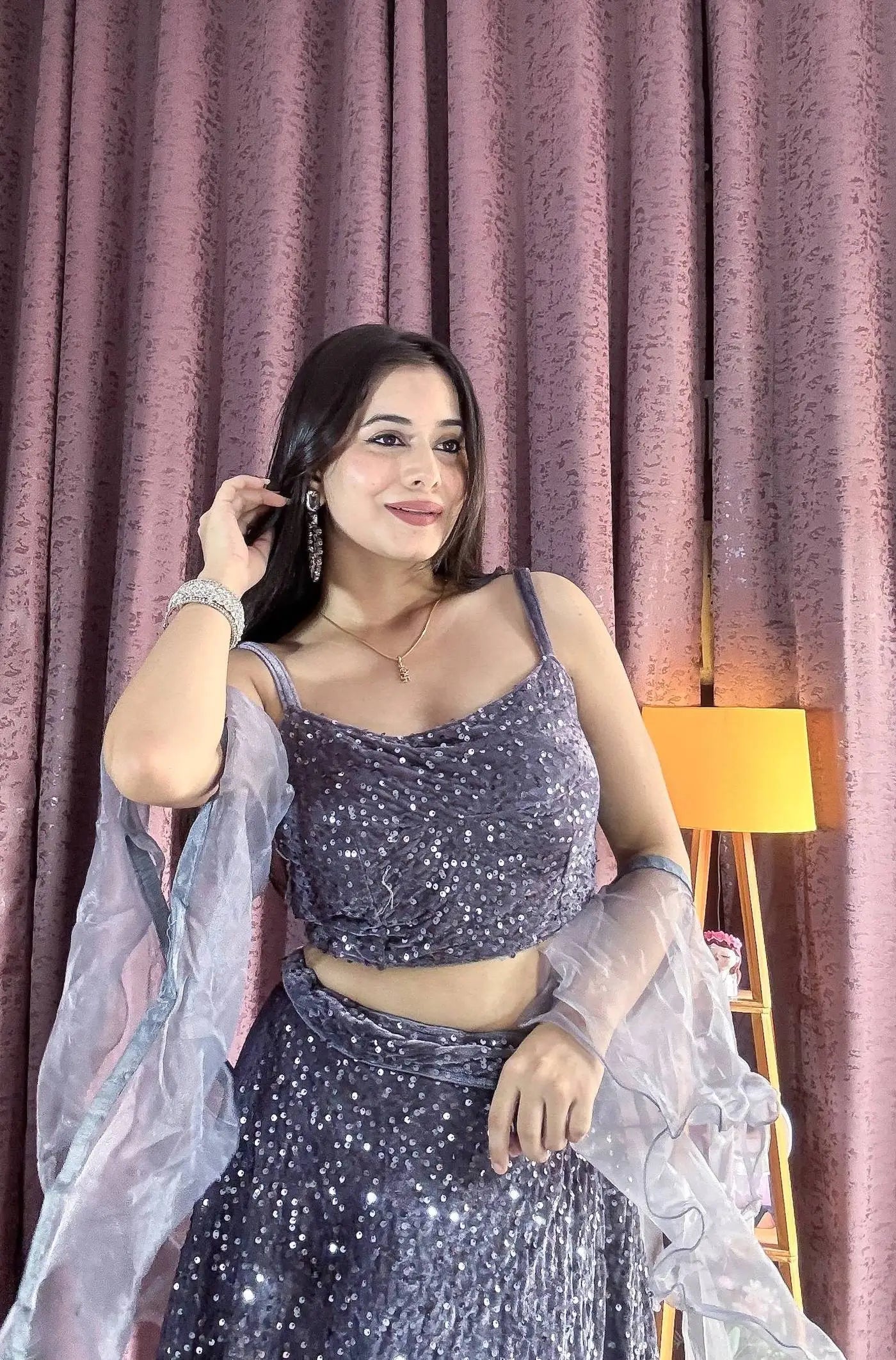 Grey Velvet Sequin Work Lehenga Choli With Ruffle Dupatta - qivii