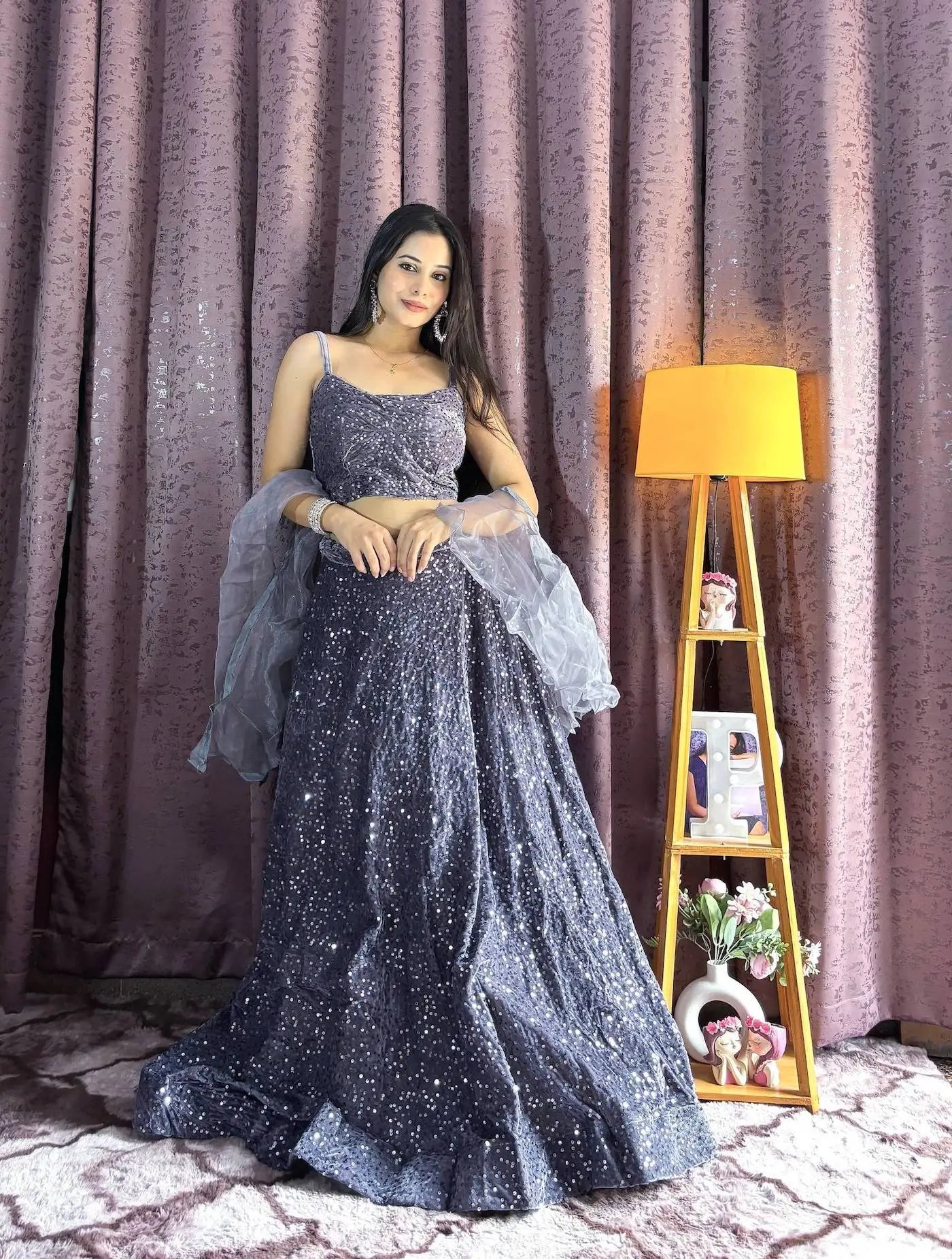 Grey Velvet Sequin Work Lehenga Choli With Ruffle Dupatta - qivii