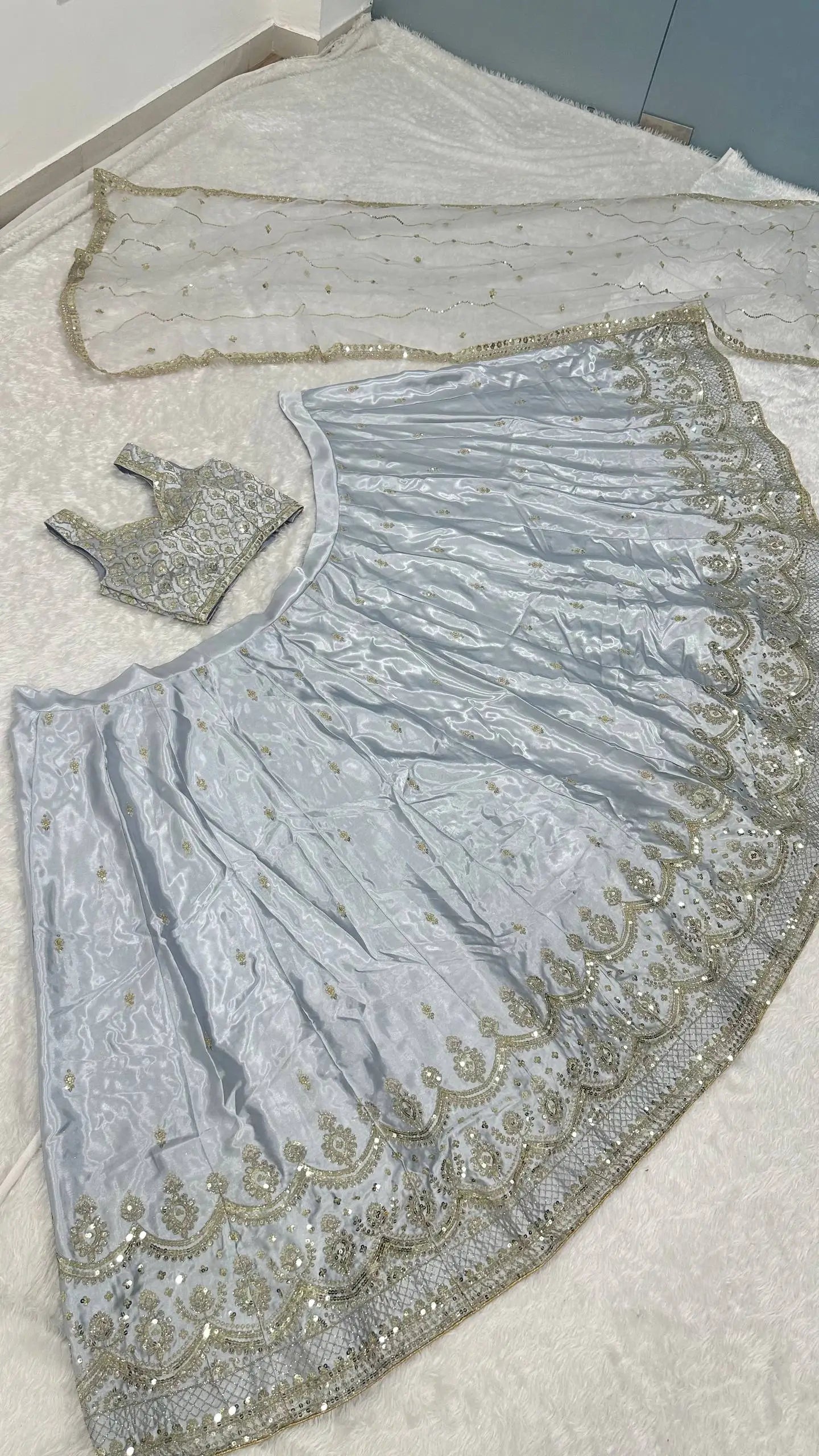 Cloud Grey Satin Silk Embroidery Lehenga Choli