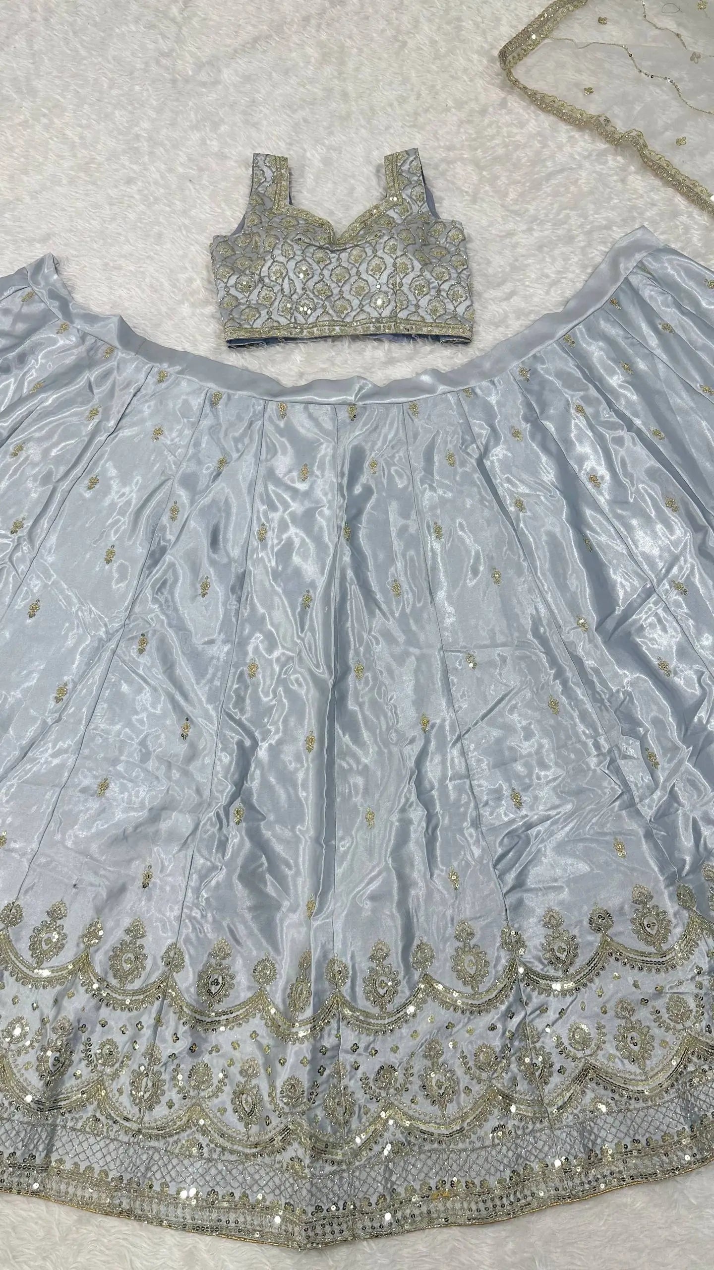 Cloud Grey Satin Silk Embroidery Lehenga Choli