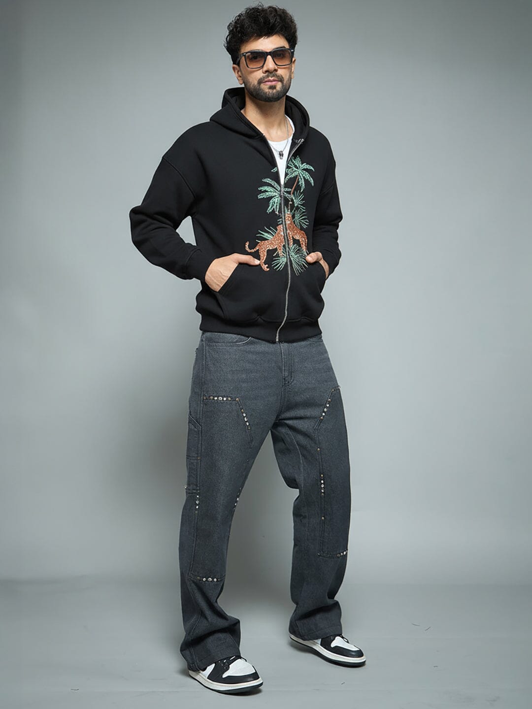 Black Tropical Tiger Embroidered Hoodie