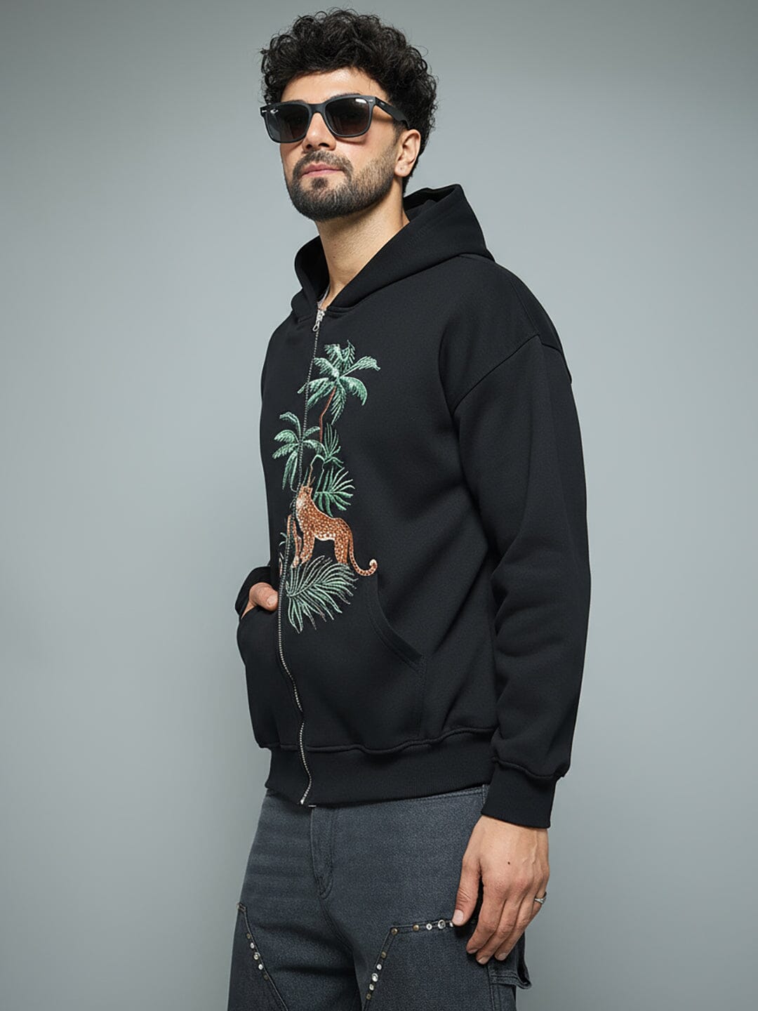 Black Tropical Tiger Embroidered Hoodie
