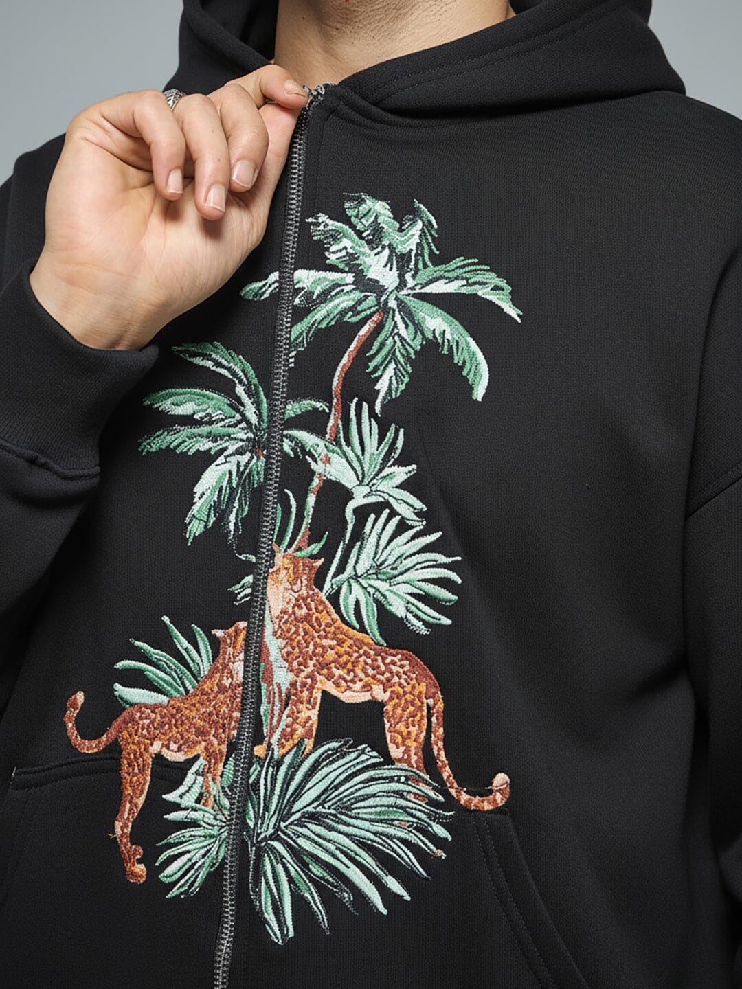 Black Tropical Tiger Embroidered Hoodie