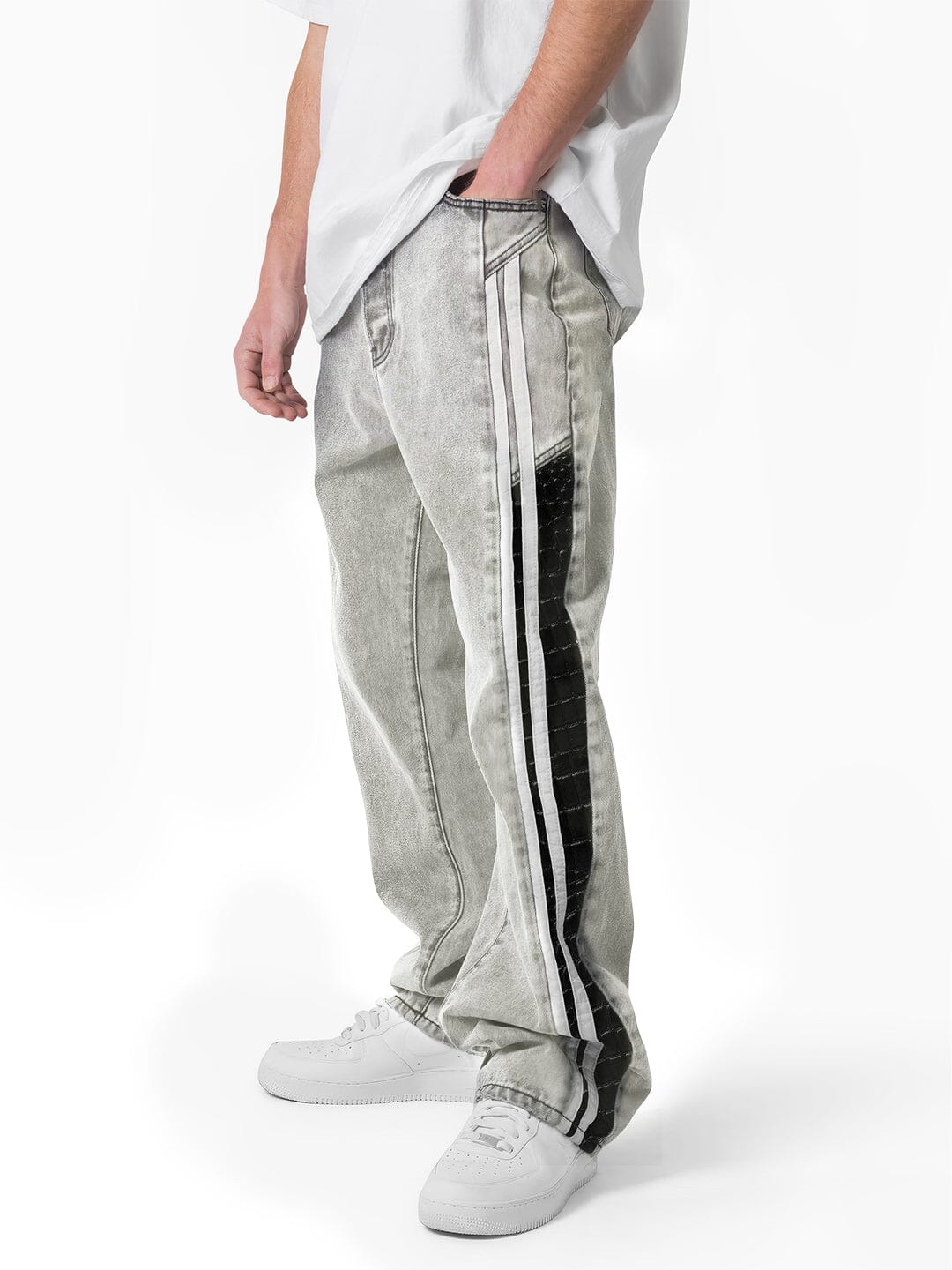 White Washed Baggy Snake Skin Stripe Denim
