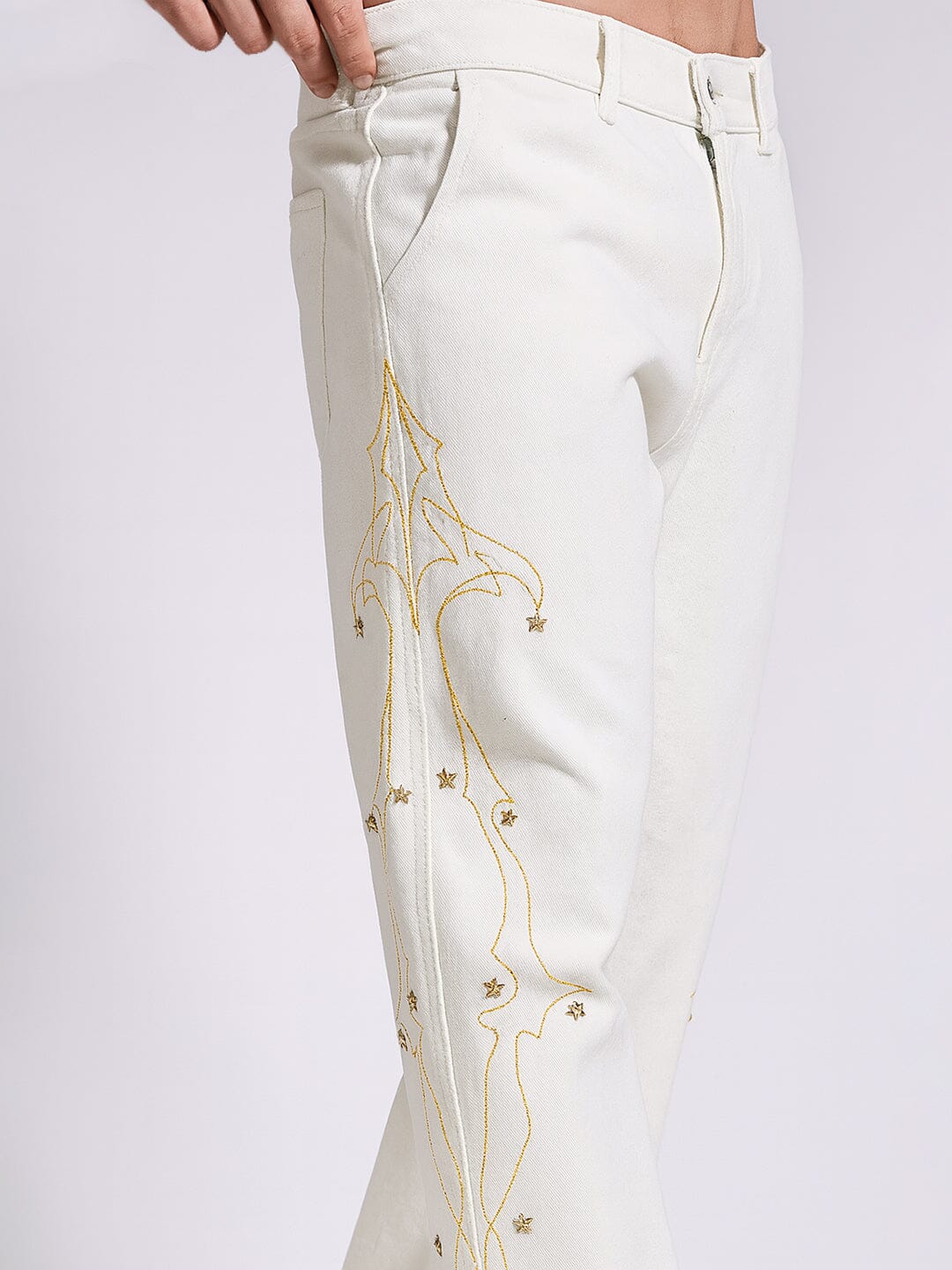 White Mayan Embroidery Riveted Flared Denim
