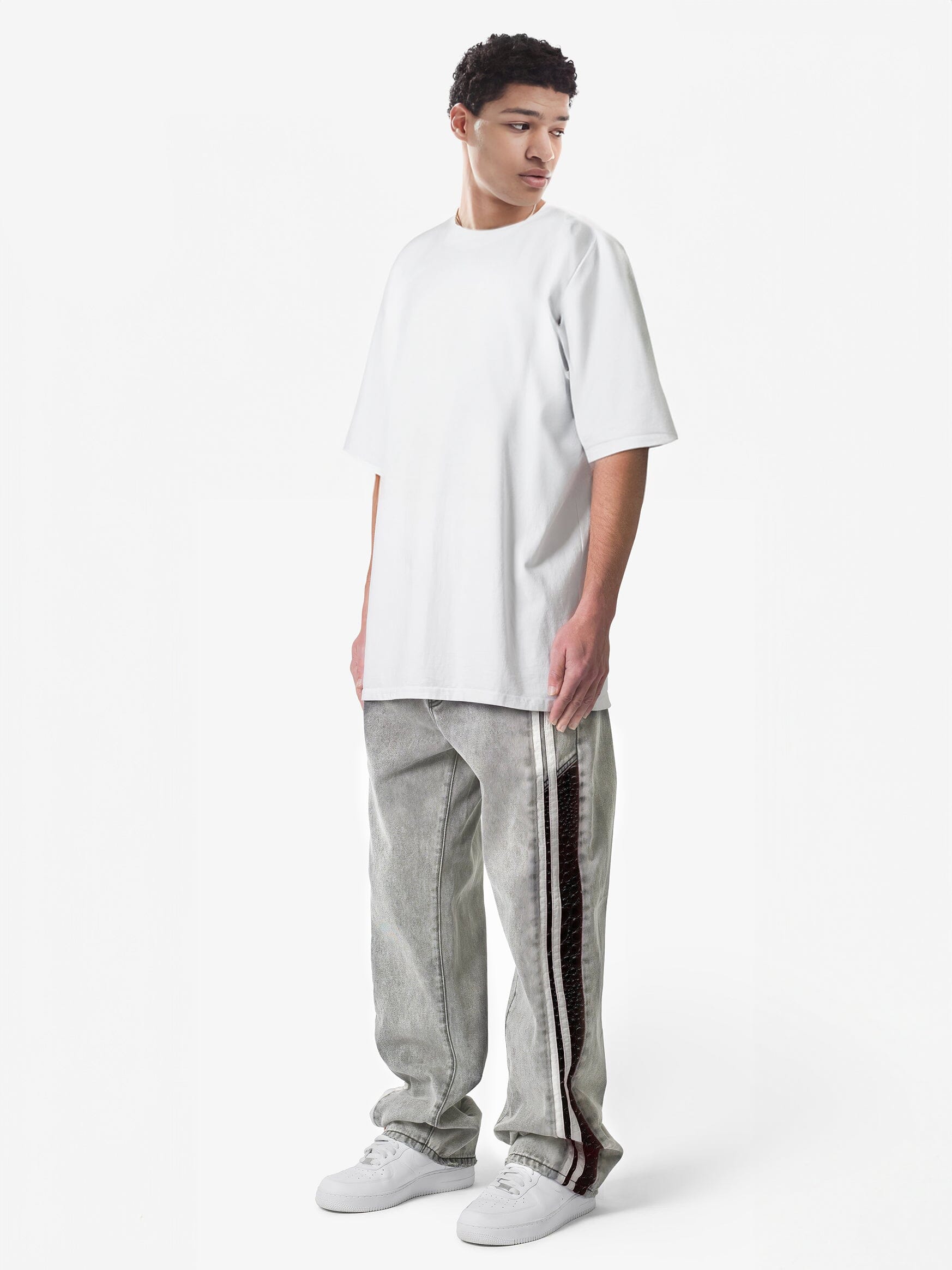 White Washed Baggy Snake Skin Stripe Denim