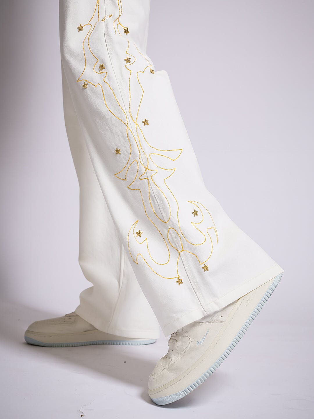 White Mayan Embroidery Riveted Flared Denim