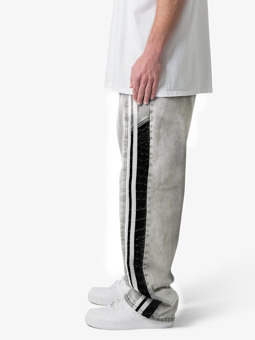 White Washed Baggy Snake Skin Stripe Denim