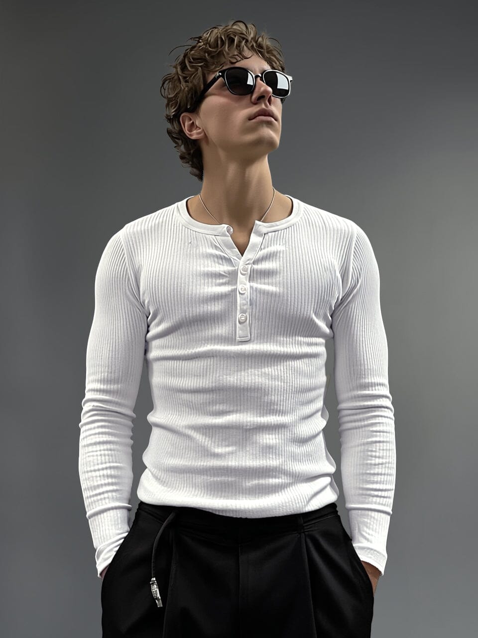 White Ribbed Henley Longsleeves Tshirt