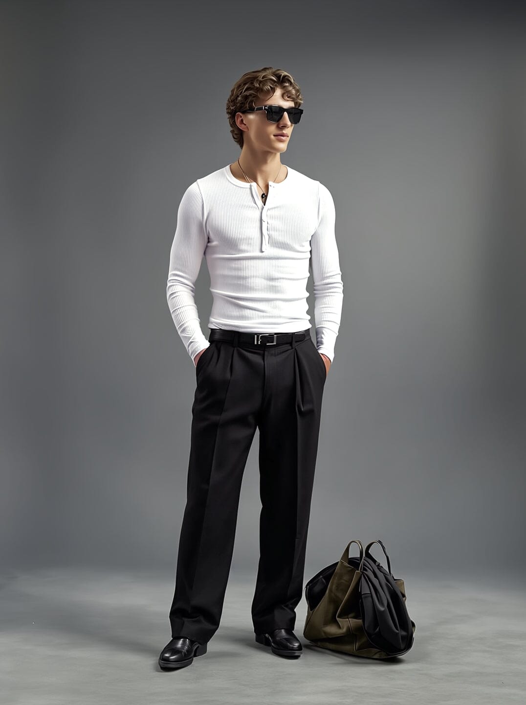 White Ribbed Henley Longsleeves Tshirt