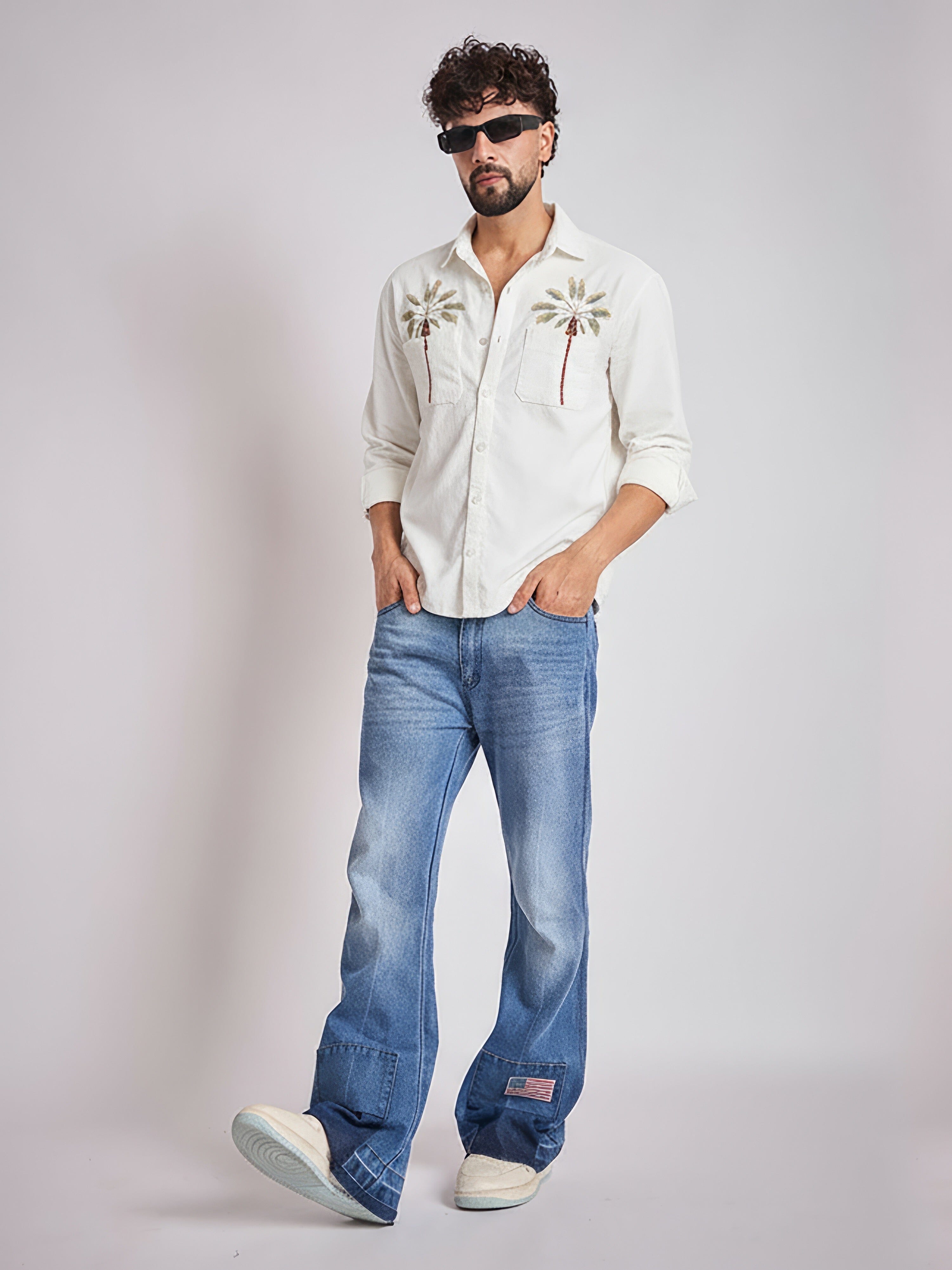 White Palm Embroidery Corduroy Shirt