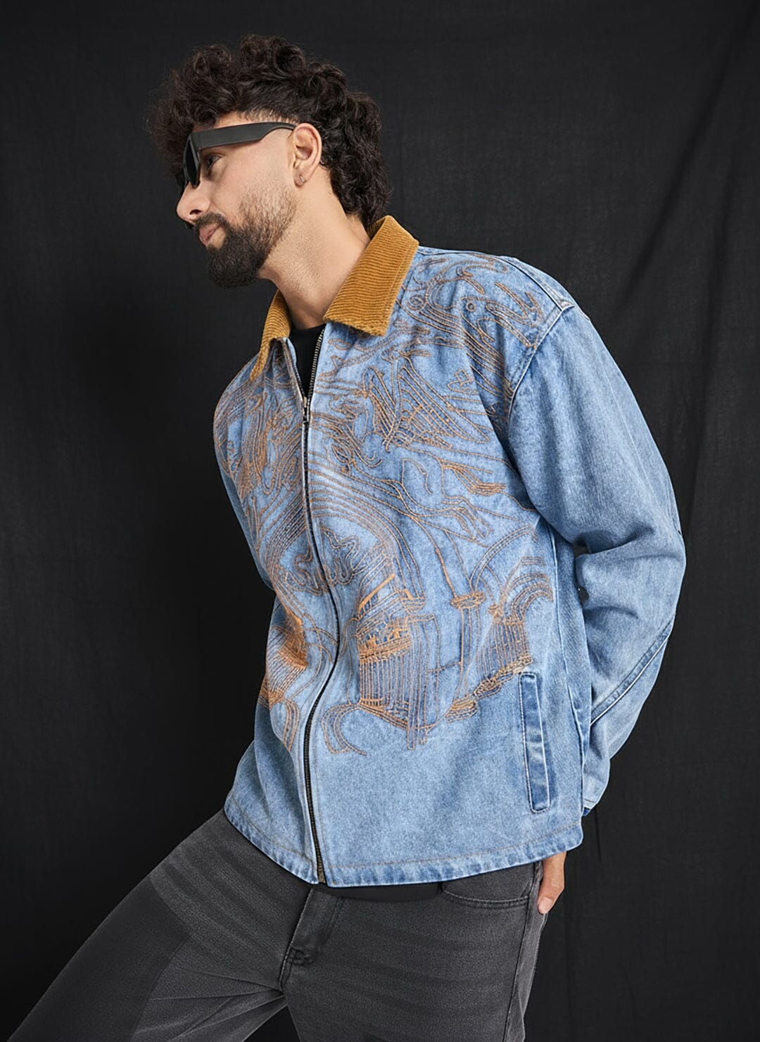 Ice Lineart Embriodery Harrington Denim Jacket