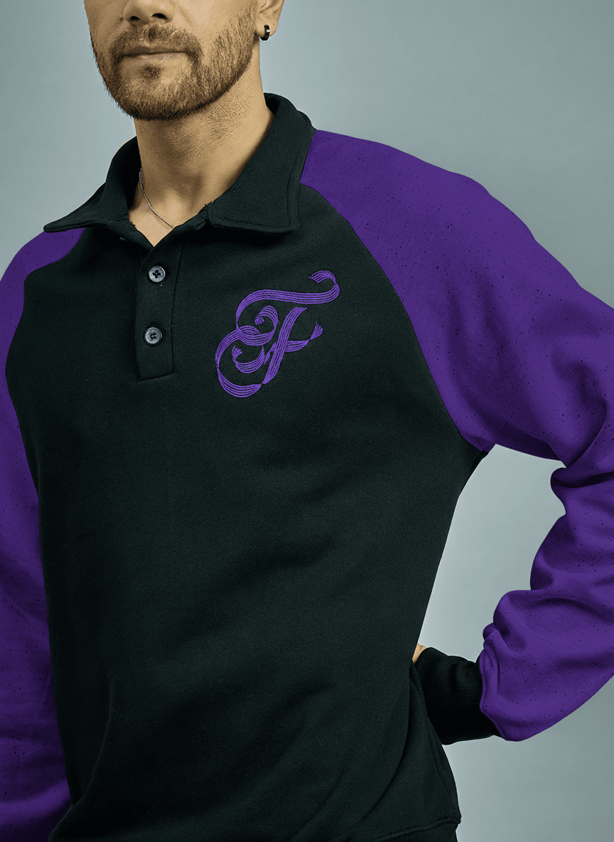 Black & Purple Raglan Polo Sweatshirt