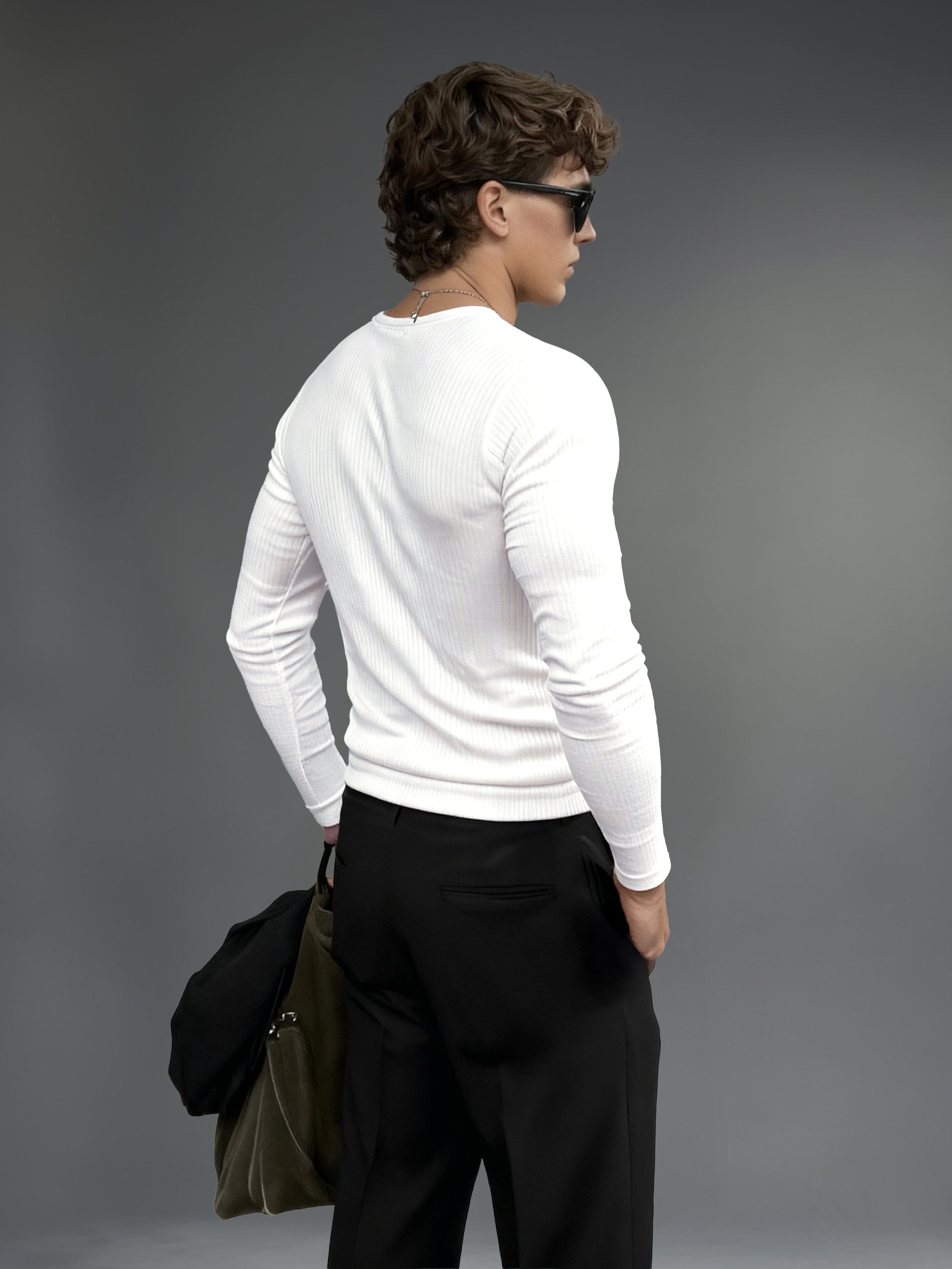 White Ribbed Henley Longsleeves Tshirt