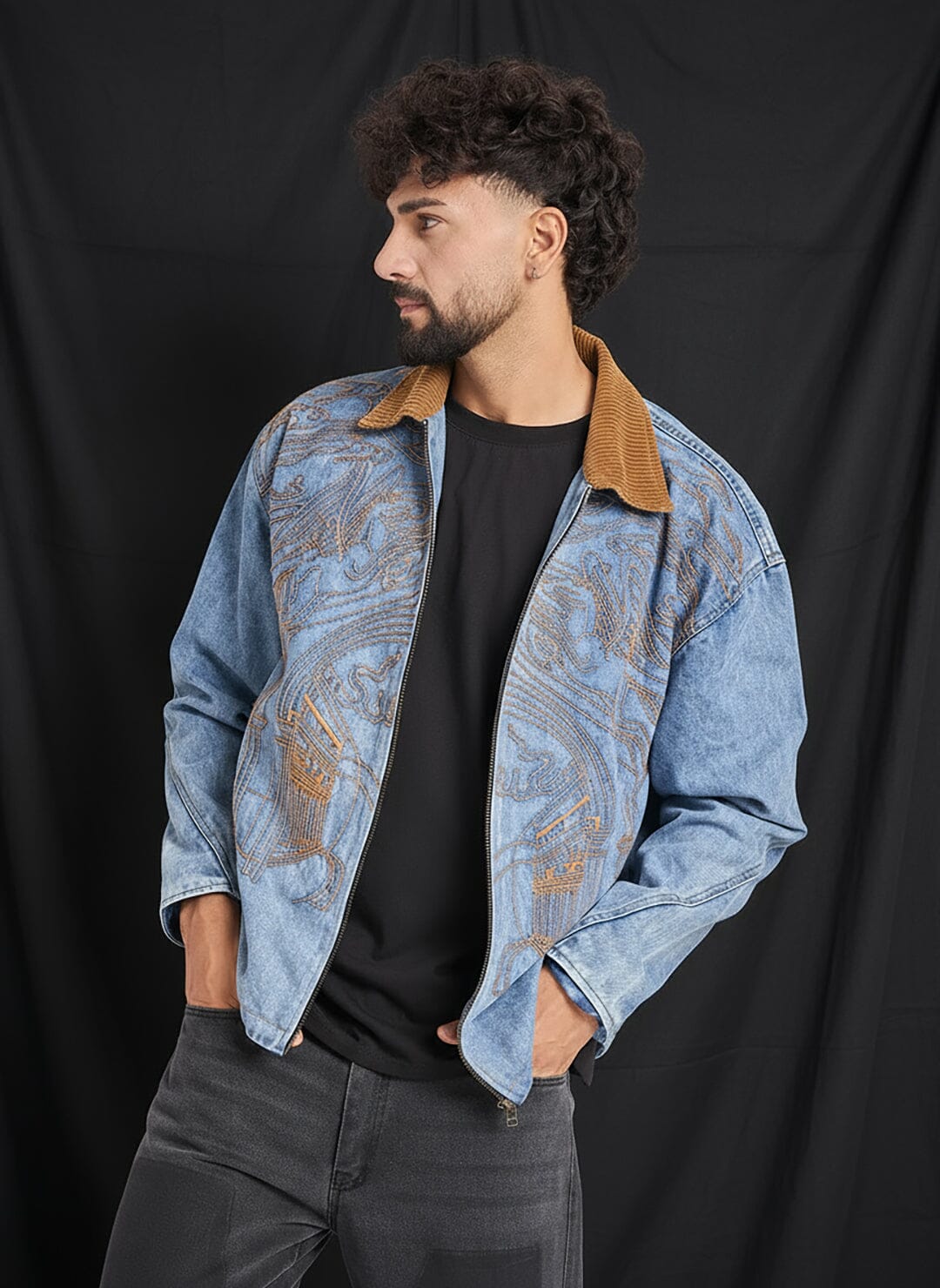 Ice Lineart Embriodery Harrington Denim Jacket