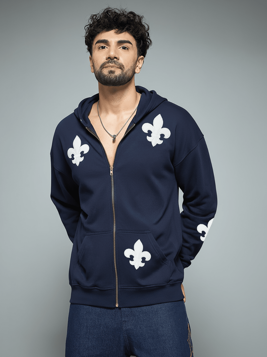 Navy Applique Zipped Hoodie