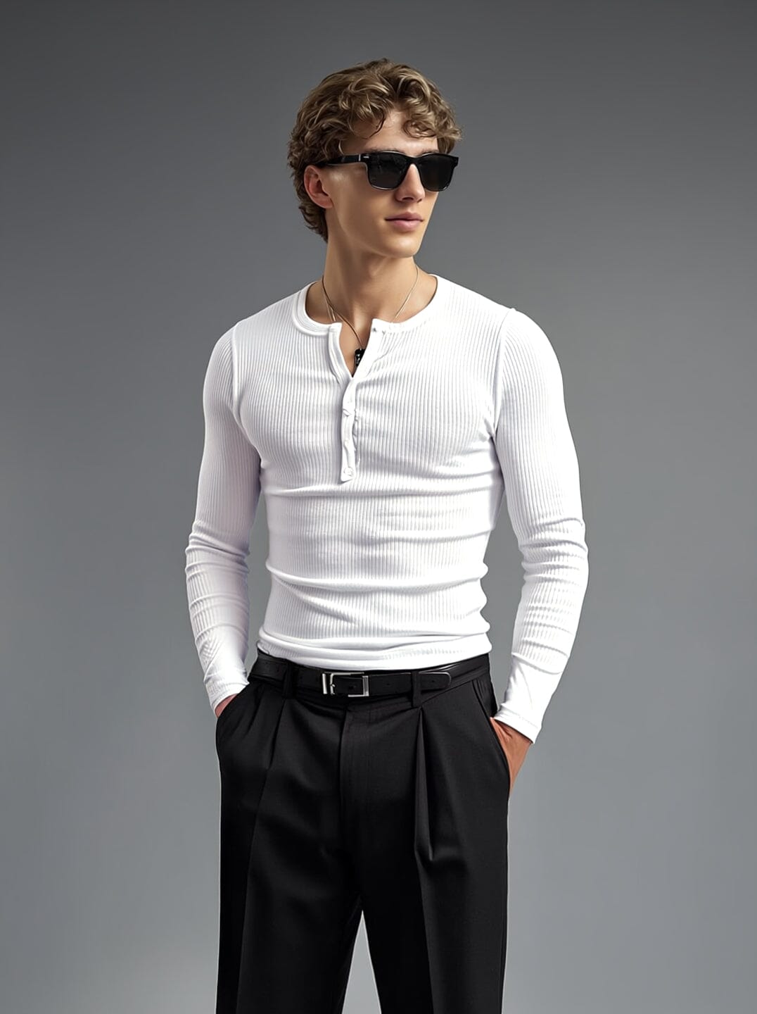 White Ribbed Henley Longsleeves Tshirt