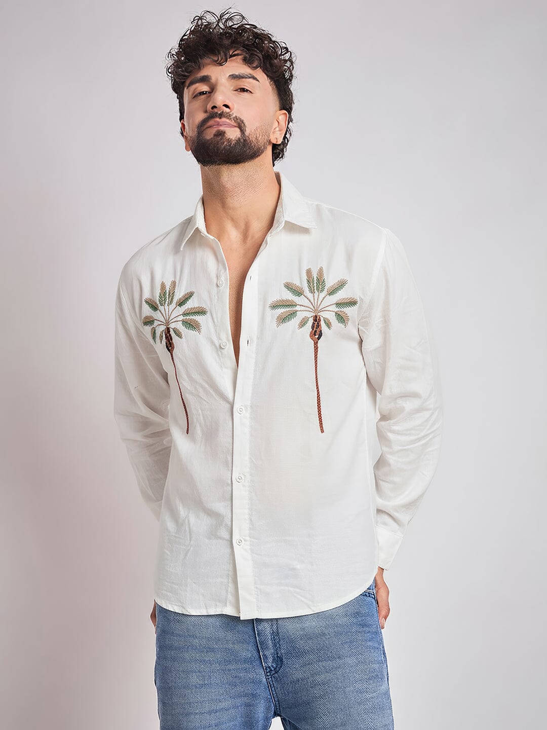 White Palm Embroidery Corduroy Shirt