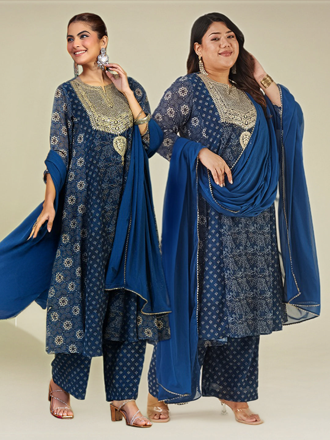 Janasya Women's Dark Blue Georgette Ajrakh Printed Embellished Anarkali Kurta Set - qivii
