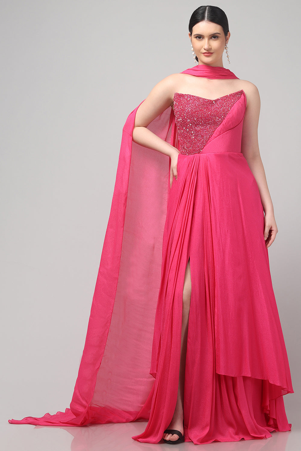Fuchsia Embellished Strapless Saree Gown with Drape Detail