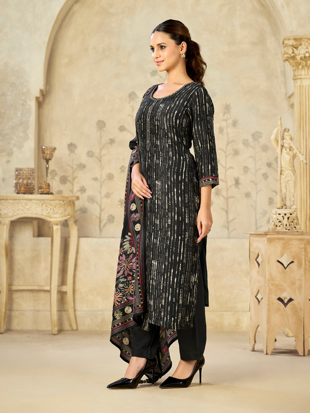 Black Printed With Handwork Straight Kurta With Dyed Trousers And Flower Printed Dupatta