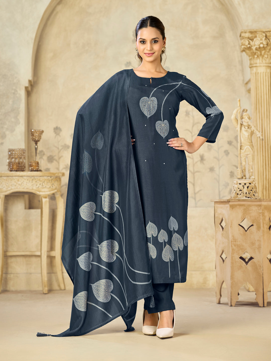 Blue Big Flower Printed With Handwork Straight Kurta With Dyed Trousers And Big Flower Printed Dupatta