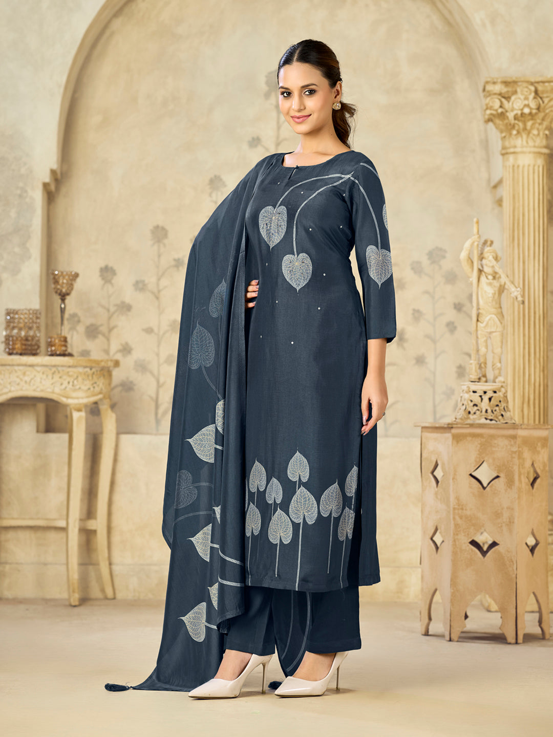 Blue Big Flower Printed With Handwork Straight Kurta With Dyed Trousers And Big Flower Printed Dupatta