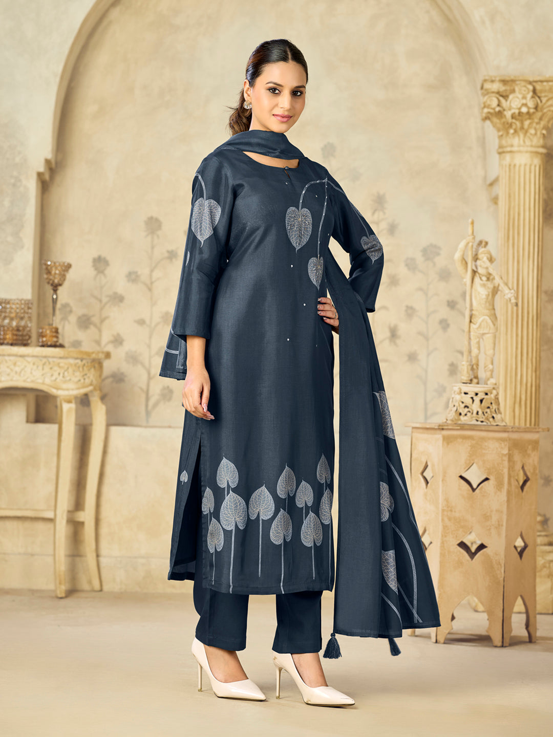 Blue Big Flower Printed With Handwork Straight Kurta With Dyed Trousers And Big Flower Printed Dupatta