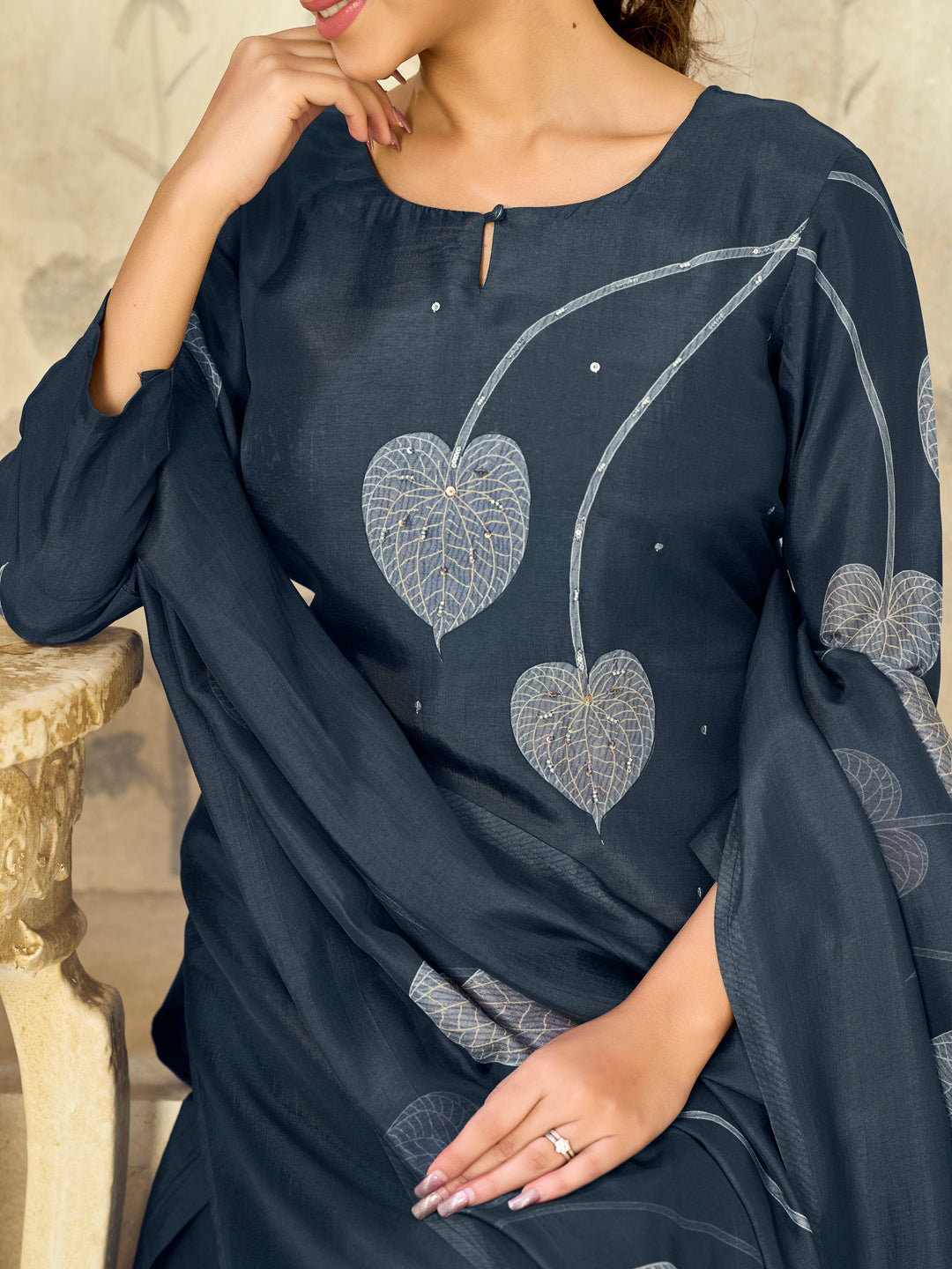 Blue Big Flower Printed With Handwork Straight Kurta With Dyed Trousers And Big Flower Printed Dupatta