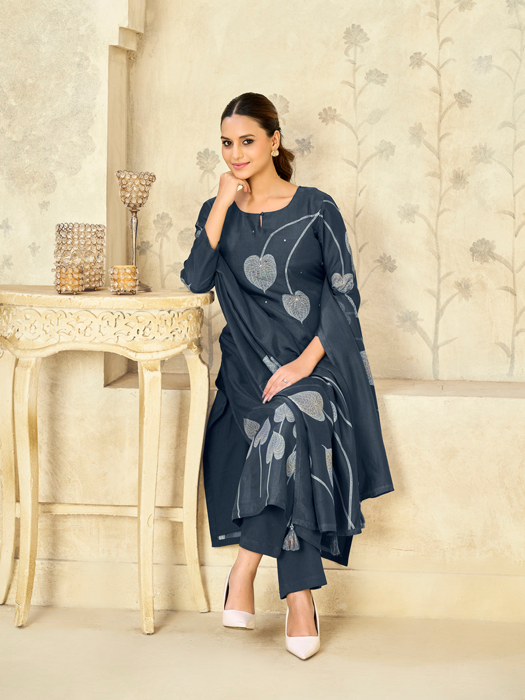 Blue Big Flower Printed With Handwork Straight Kurta With Dyed Trousers And Big Flower Printed Dupatta