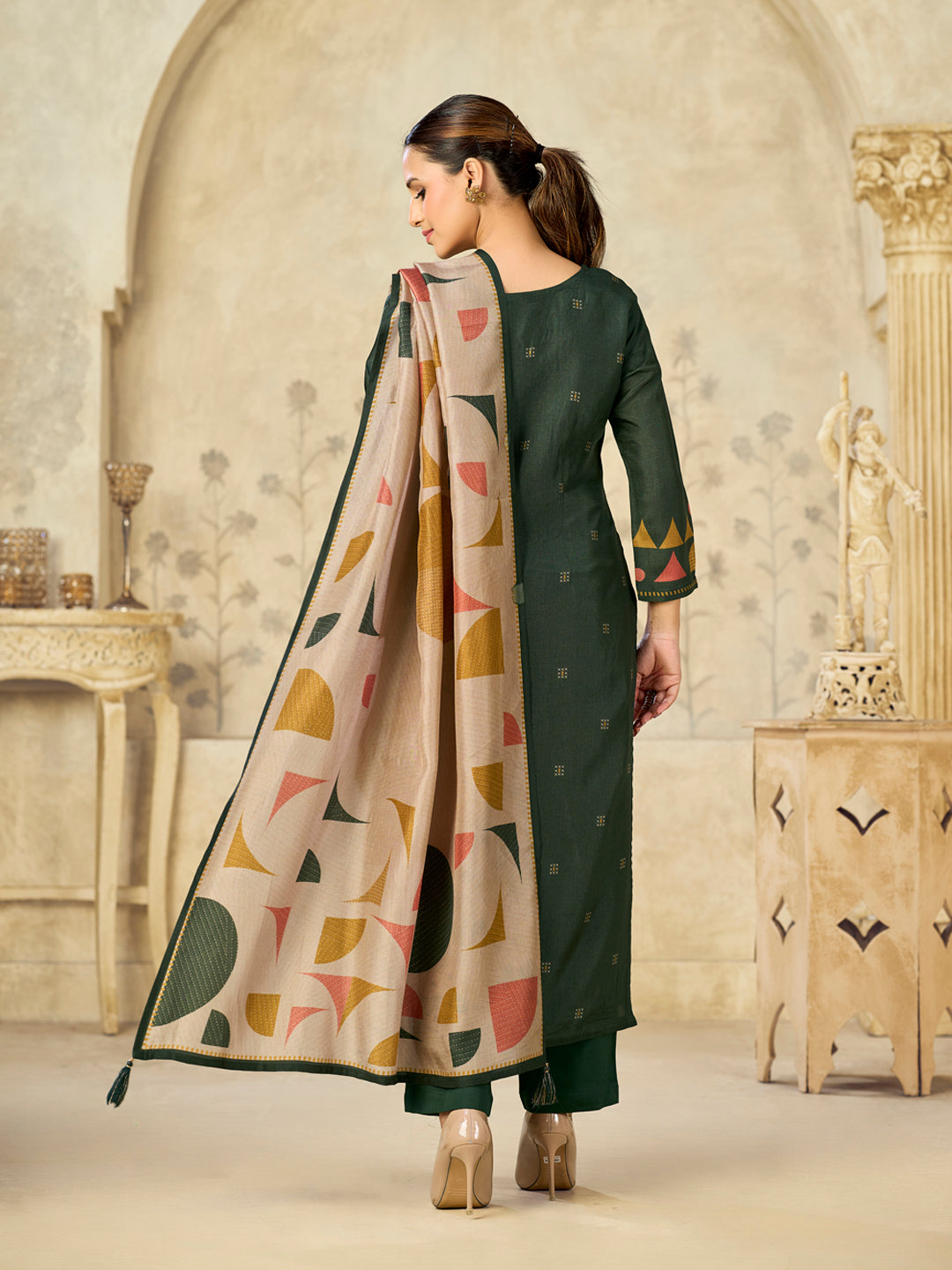 Olive Printed With Handwork Straight Kurta With Dyed Trousers And Geometric Shapes Printed Dupatta