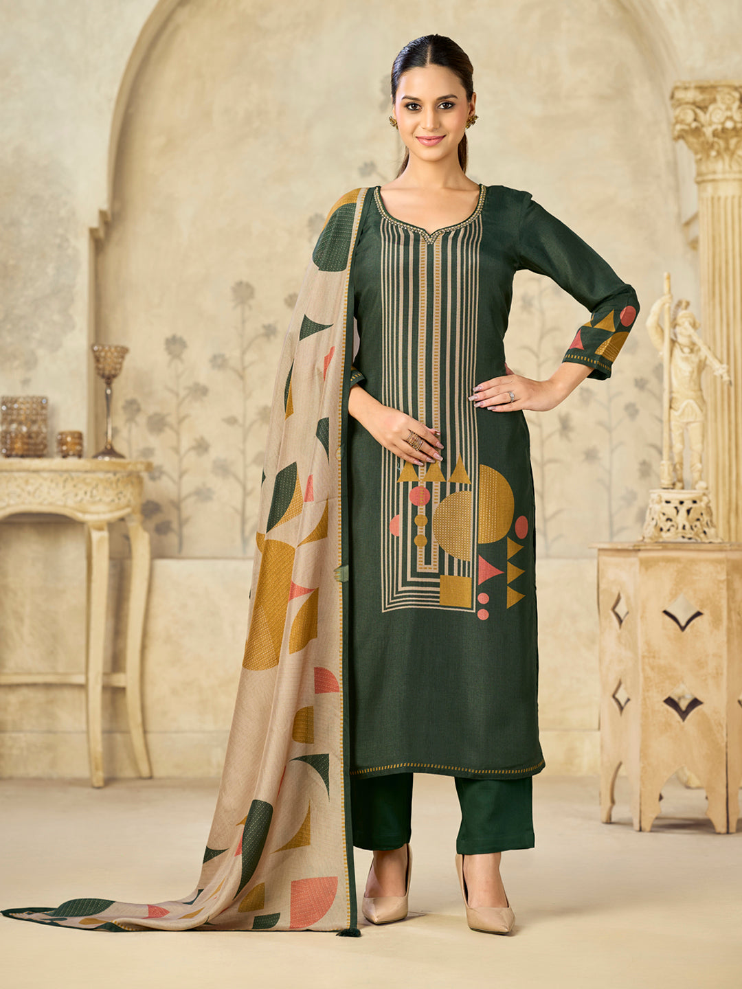 Olive Printed With Handwork Straight Kurta With Dyed Trousers And Geometric Shapes Printed Dupatta