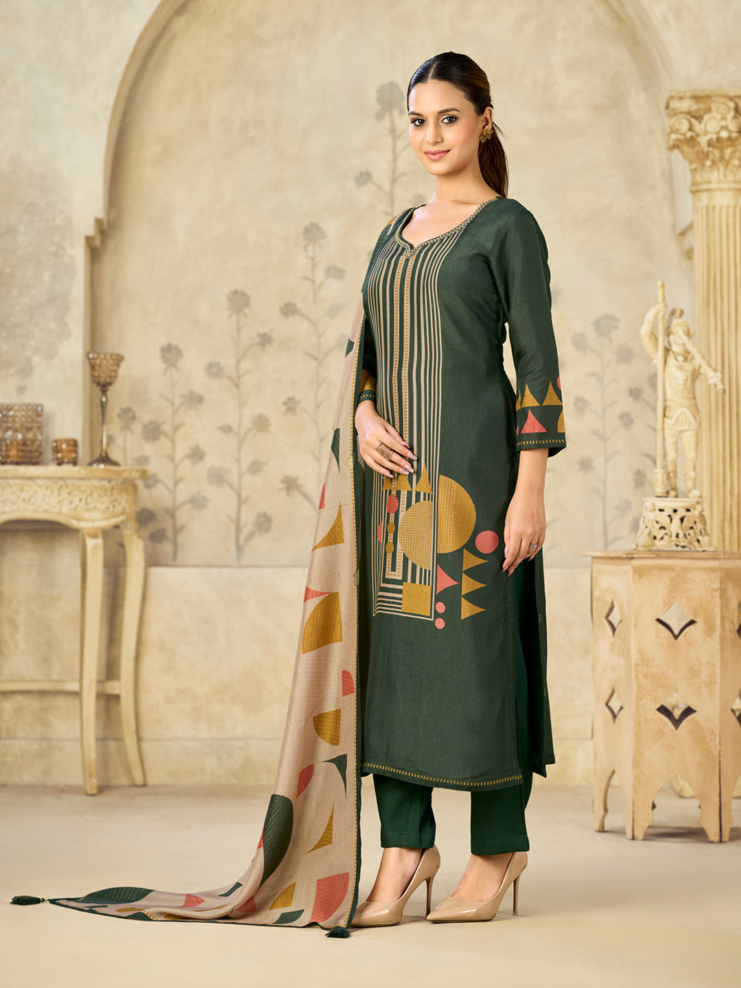 Olive Printed With Handwork Straight Kurta With Dyed Trousers And Geometric Shapes Printed Dupatta